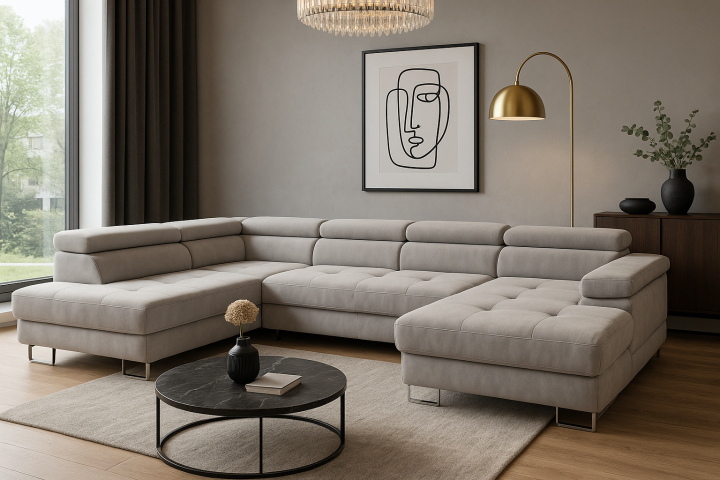 Narożnik Rogal U z automatem Delfin i regulowanymi zagłówkami – nowoczesny narożnik z funkcją spania i pojemnikami