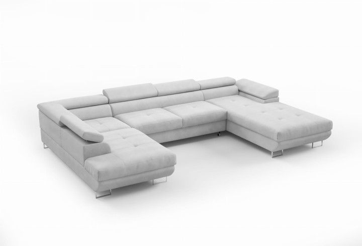 Narożnik Rogal U z automatem Delfin i regulowanymi zagłówkami – nowoczesny narożnik z funkcją spania i pojemnikami