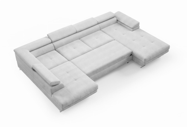 Narożnik Rogal U z automatem Delfin i regulowanymi zagłówkami – nowoczesny narożnik z funkcją spania i pojemnikami