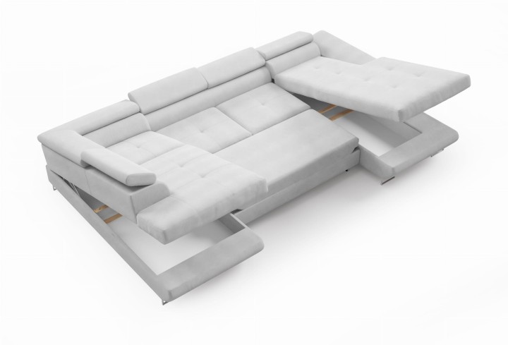 Narożnik Rogal U z automatem Delfin i regulowanymi zagłówkami – nowoczesny narożnik z funkcją spania i pojemnikami