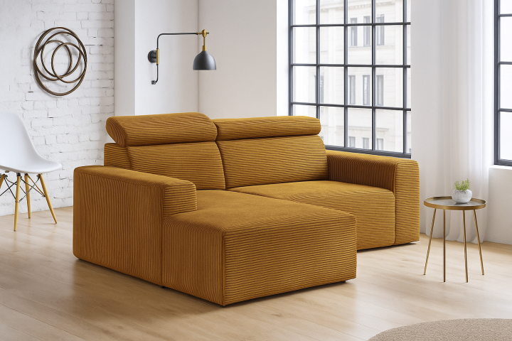 Nowoczesny narożnik z regulowanymi zagłówkami KLARA L MUSZTARDOWY sztruks LEWY