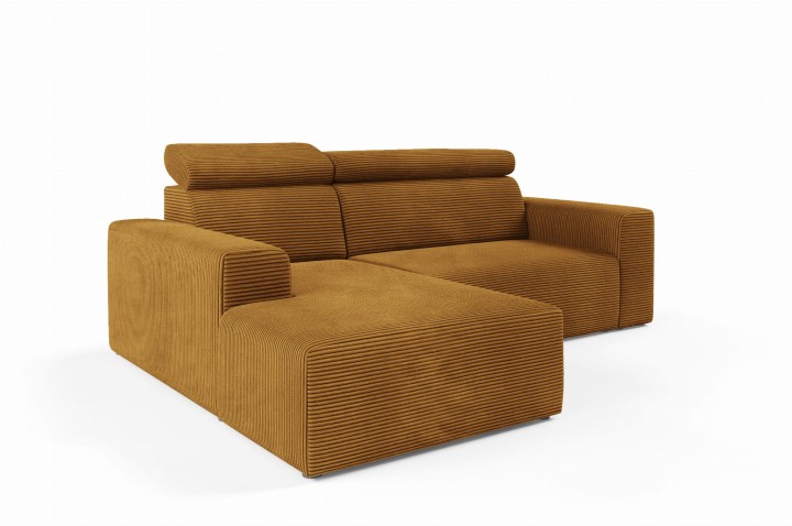 Nowoczesny narożnik z regulowanymi zagłówkami KLARA L MUSZTARDOWY sztruks LEWY