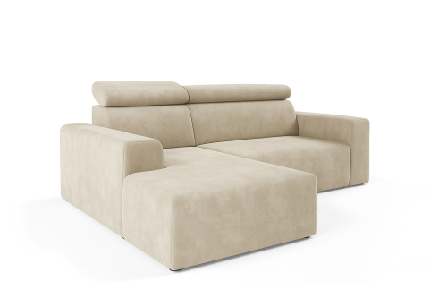 Nowoczesny narożnik z regulowanymi zagłówkami KLARA L welur łatwoczyszczący beżowy