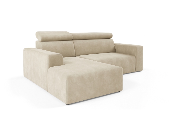 Nowoczesny narożnik z regulowanymi zagłówkami KLARA L welur łatwoczyszczący beżowy