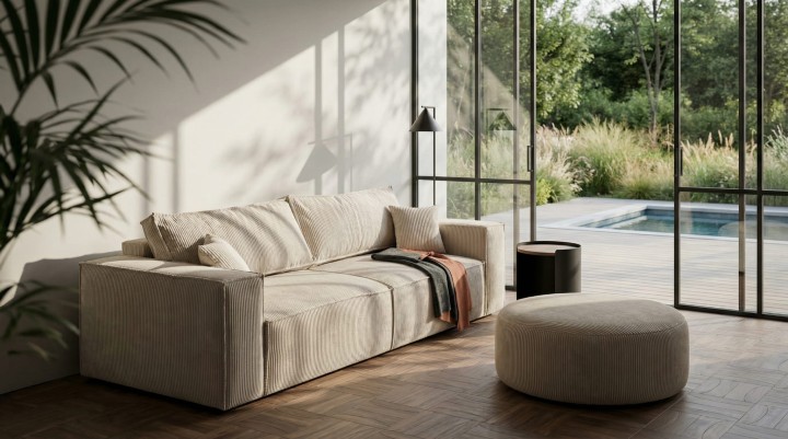 Kanapa NOVU10 w aranżacji salonu – nowoczesna sofa sztruksowa