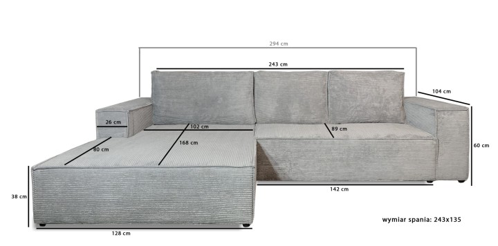 wymiary narożnika novu4 XL – schemat wymiarów i ustawienia