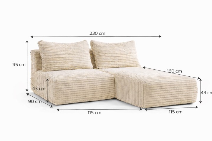 Wymiary narożnika TILA – szerokość 230 cm, głębokość i wysokość