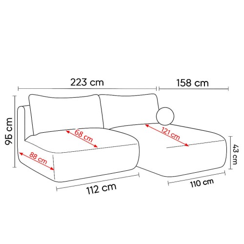 Schemat wymiarów narożnika Frappe Mini z funkcją spania i pojemnikiem na pościel