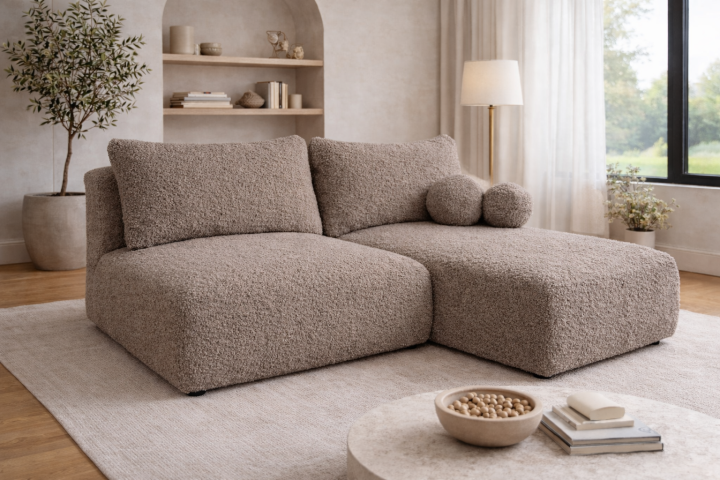 Narożnik Frappe Mini wtkaninie bouclé w kolorze taupe nowoczesny narożnik modułowy