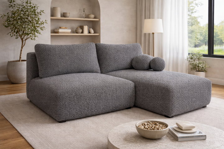 Narożnik Frappe Mini w grafitowej tkaninie bouclé, nowoczesny narożnik modułowy