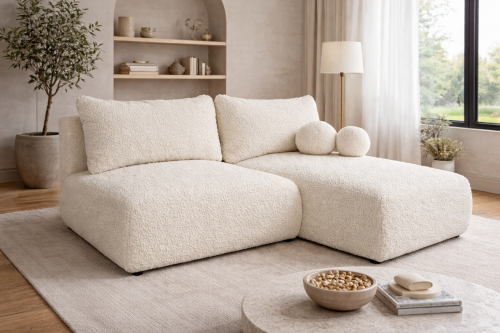 Narożnik Frappe Mini w jasnej tkaninie bouclé, modułowa sofa narożna do salonu