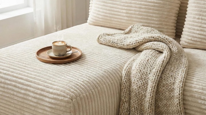 Tkanina Tilia – szerokie miękkie pasy typu sztruks na narożniku TILA