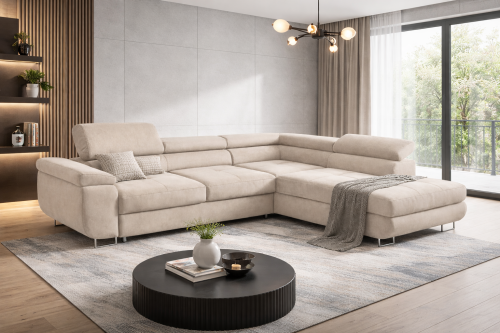 Narożnik Melody welurowy w nowoczesnym salonie – narożnik z funkcją spania i regulowanymi zagłówkami