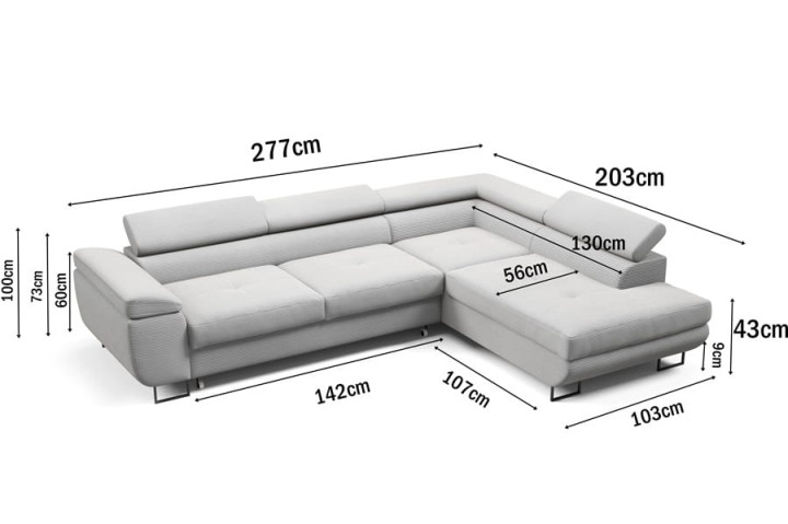 Wymiary narożnika Melody – narożnik z funkcją spania 274 × 203 cm