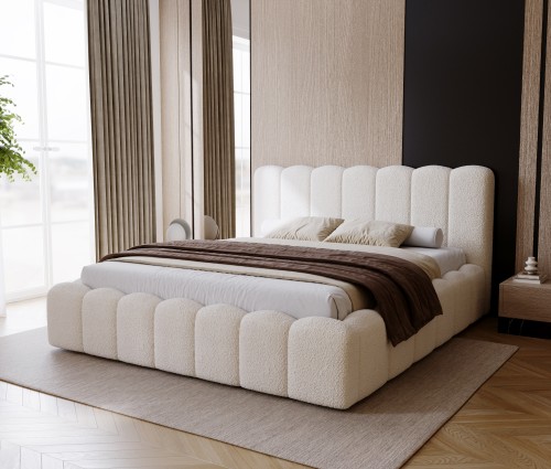 Nowoczesne łóżko tapicerowane BOSTON 120x200 w tkaninie boucle z miękkim zagłówkiem i elegancką formą. Idealne do sypialni w stylu nowoczesnym, japandi i minimalistycznym.
