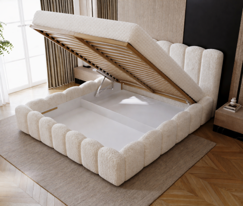 Łóżko tapicerowane 140x200 z pojemnikiem na pościel otwieranym do góry. Praktyczne rozwiązanie do przechowywania kołder, poduszek i tekstyliów.