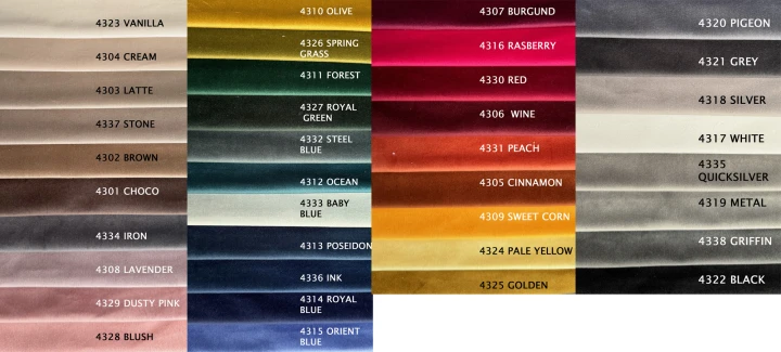 Wzornik tkaniny welur – dostępne kolory łóżka tapicerowanego BOSTON. Możliwość wyboru koloru oraz zamówienia próbek materiału.