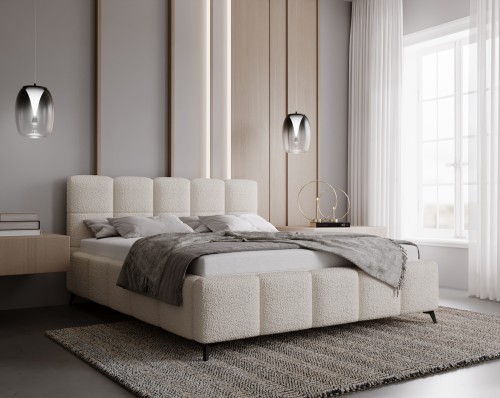 łóżko Nole boucle w aranżacji nowoczesnej sypialni beżowe designerskie