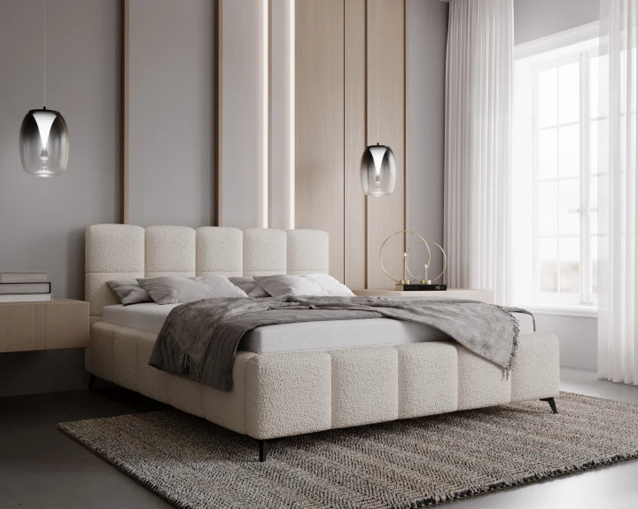 łóżko Nole boucle w aranżacji nowoczesnej sypialni beżowe designerskie
