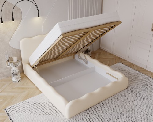 Łóżko tapicerowane BALI z pojemnikiem na pościel otwieranym do góry. Praktyczne rozwiązanie do przechowywania kołder, poduszek i tekstyliów.