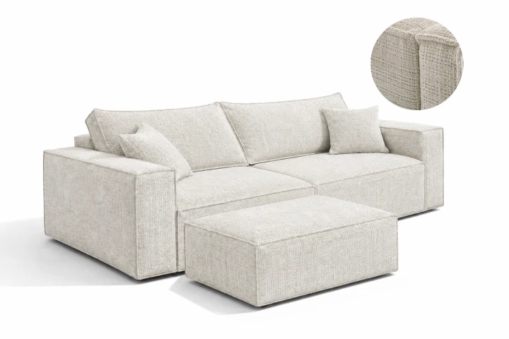 Kanapa Novu10 z pufą – sofa modułowa w tkaninie szenil Cremona, widok frontowy