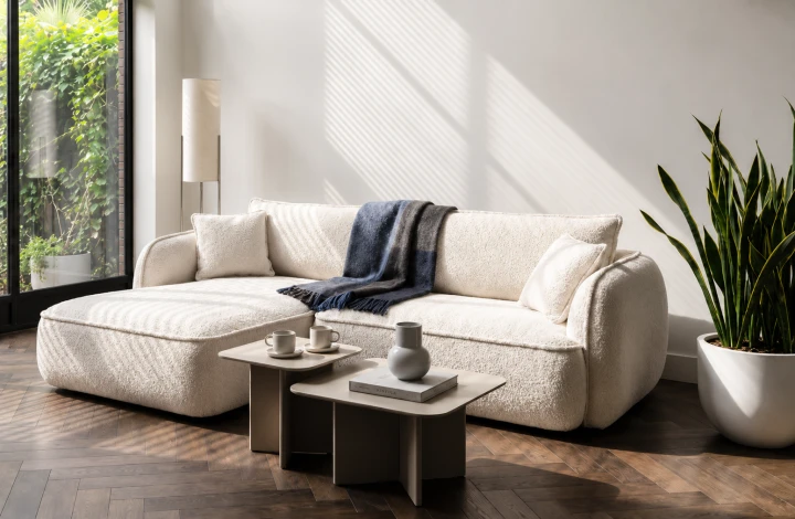Narożnik lumi w tkaninie boucle ivory w nowoczesnym wnętrzu