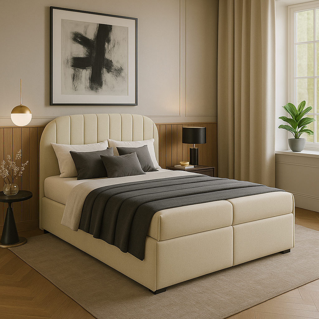 Nowoczesne łóżko kontyentalne DIONI z pojemnikiem na pościel – 140/160/180x200 – tapicerowane, podnoszony stelaż, do sypialni (id: 151)