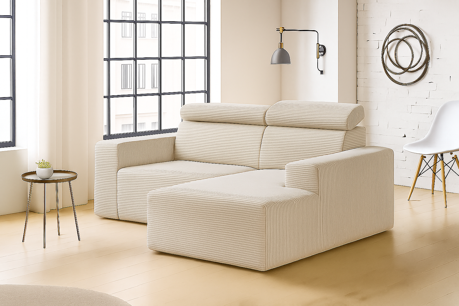 Nowoczesny narożnik z regulowanymi zagłówkami KLARA L beżowy PRAWY