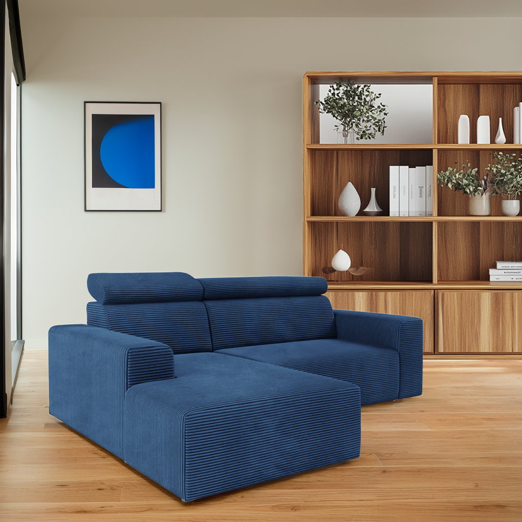 Nowoczesny narożnik z regulowanymi zagłówkami KLARA L granatowy lewy