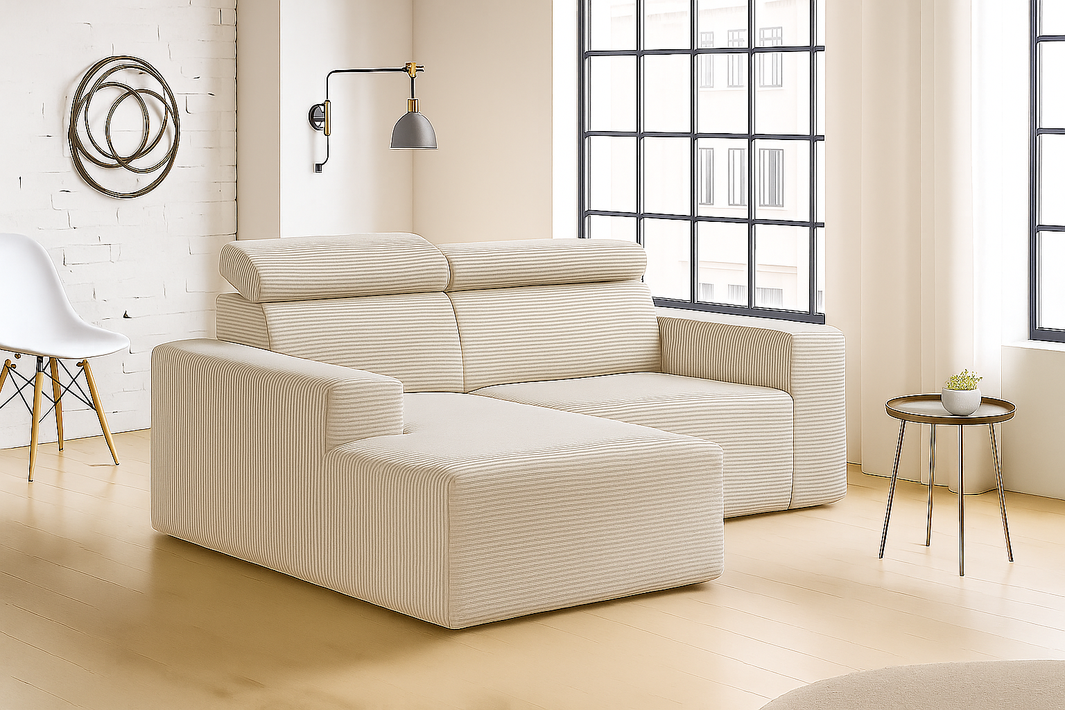 Nowoczesny narożnik z regulowanymi zagłówkami KLARA L beżowy lewy