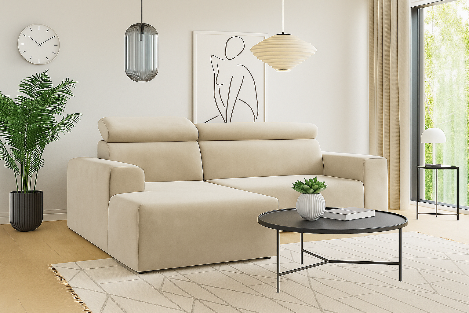 Nowoczesny narożnik z regulowanymi zagłówkami KLARA L welur łatwoczyszczący beżowy