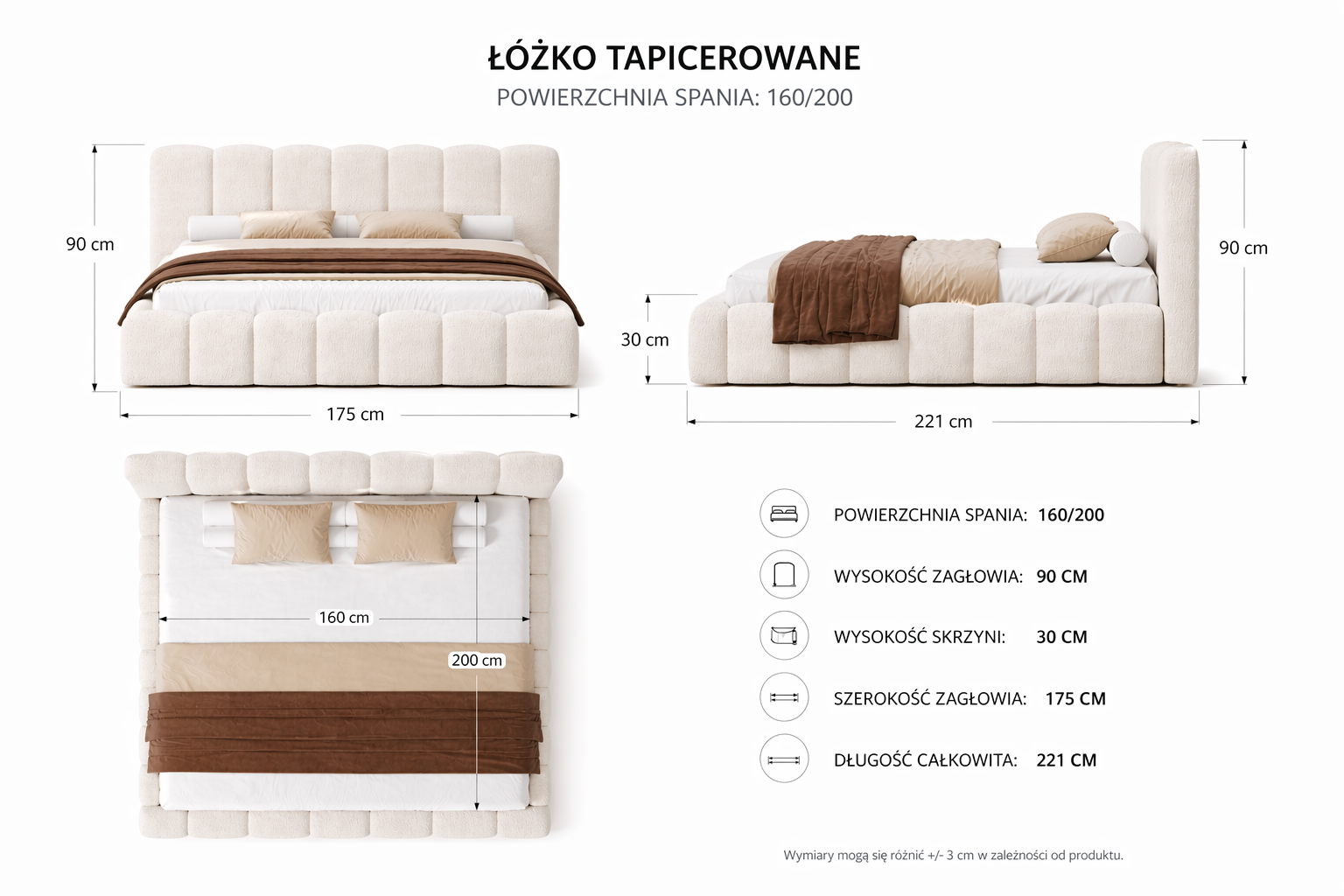wymiary łóżka Boston 160x200 wysokość szerokość długość