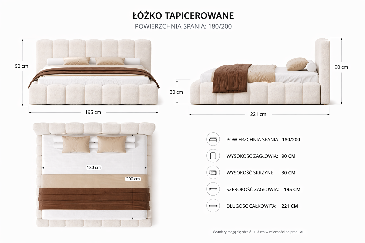 wymiary łóżka Boston 180x200 wysokość szerokość długość