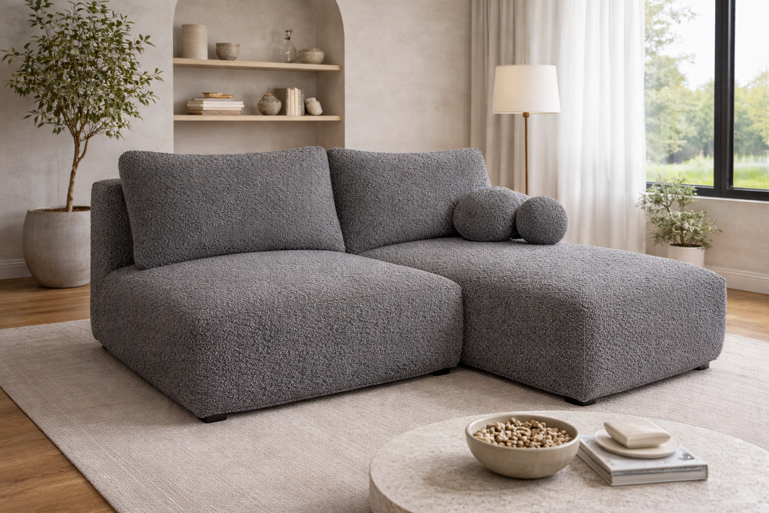 Narożnik Frappe w głębokim grafitowym odcieniu z tkaniny bouclé Anthology 18, widok mebla w nowoczesnym salonie – intensywny ciemny kolor i miękka, pętelkowa powierzchnia