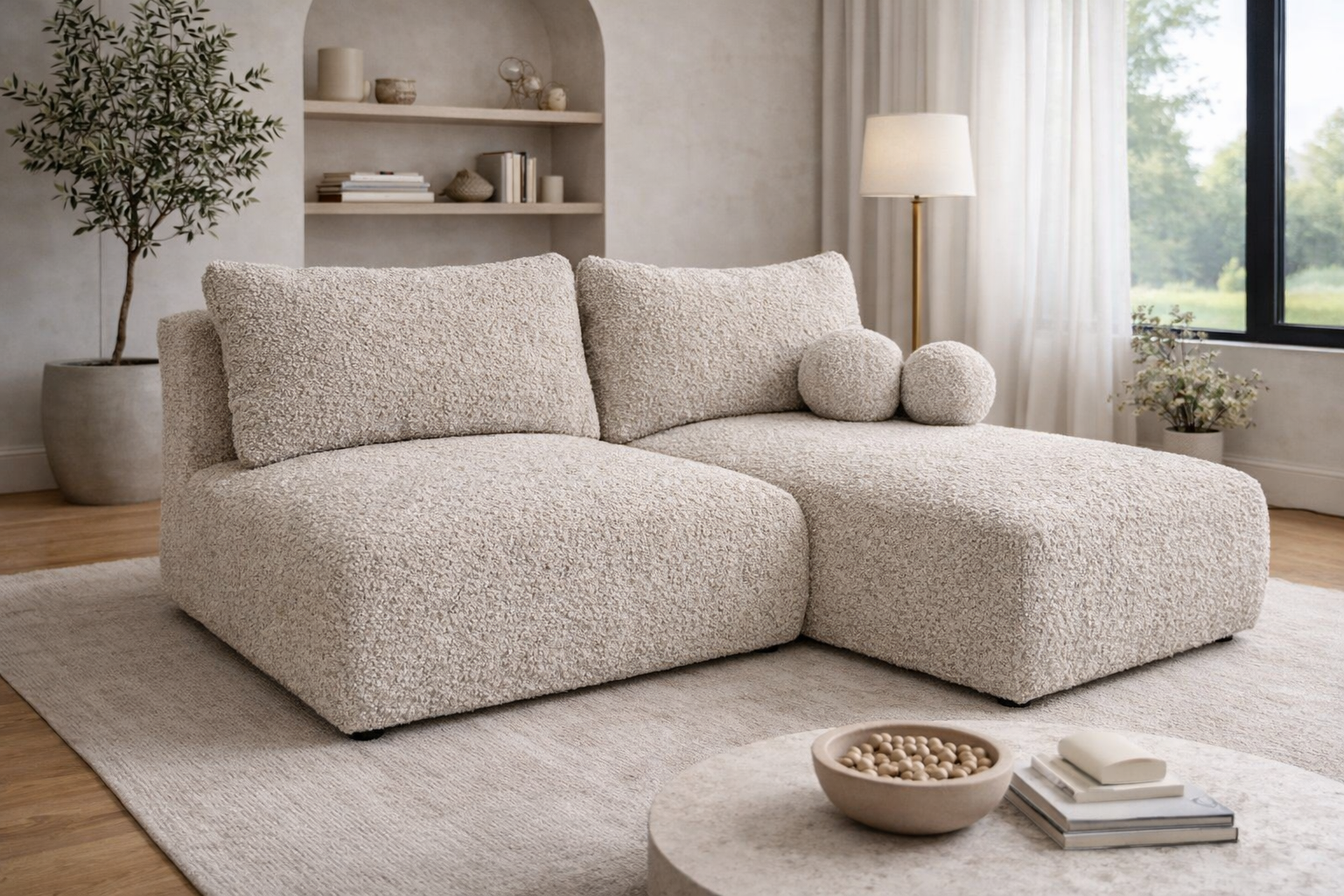 Narożnik Frappe w jasnej beżowej tkaninie bouclé Anthology 2, widok z przodu ukazujący miękką, pętelkową teksturę tkaniny na dużym, nowoczesnym narożniku