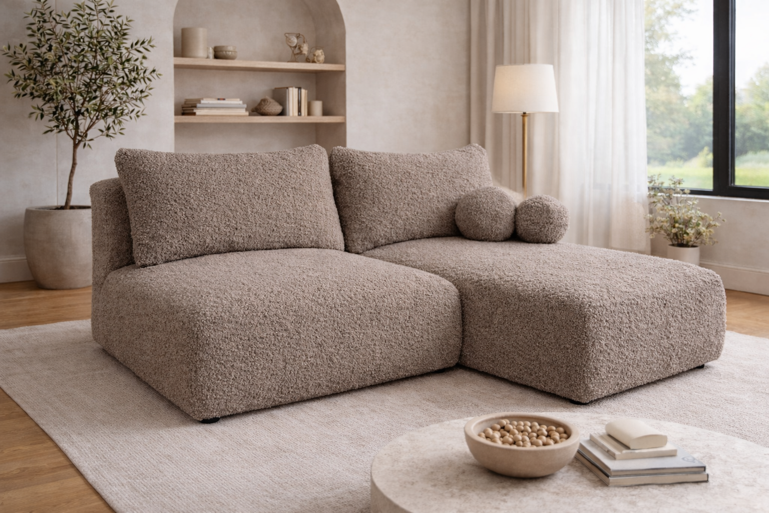 Narożnik Frappe w ciepłym szaro-brązowym odcieniu taupe z tkaniny bouclé Anthology 6, prezentowany w jasnym wnętrzu – wyraźna faktura i neutralny, elegancki kolor