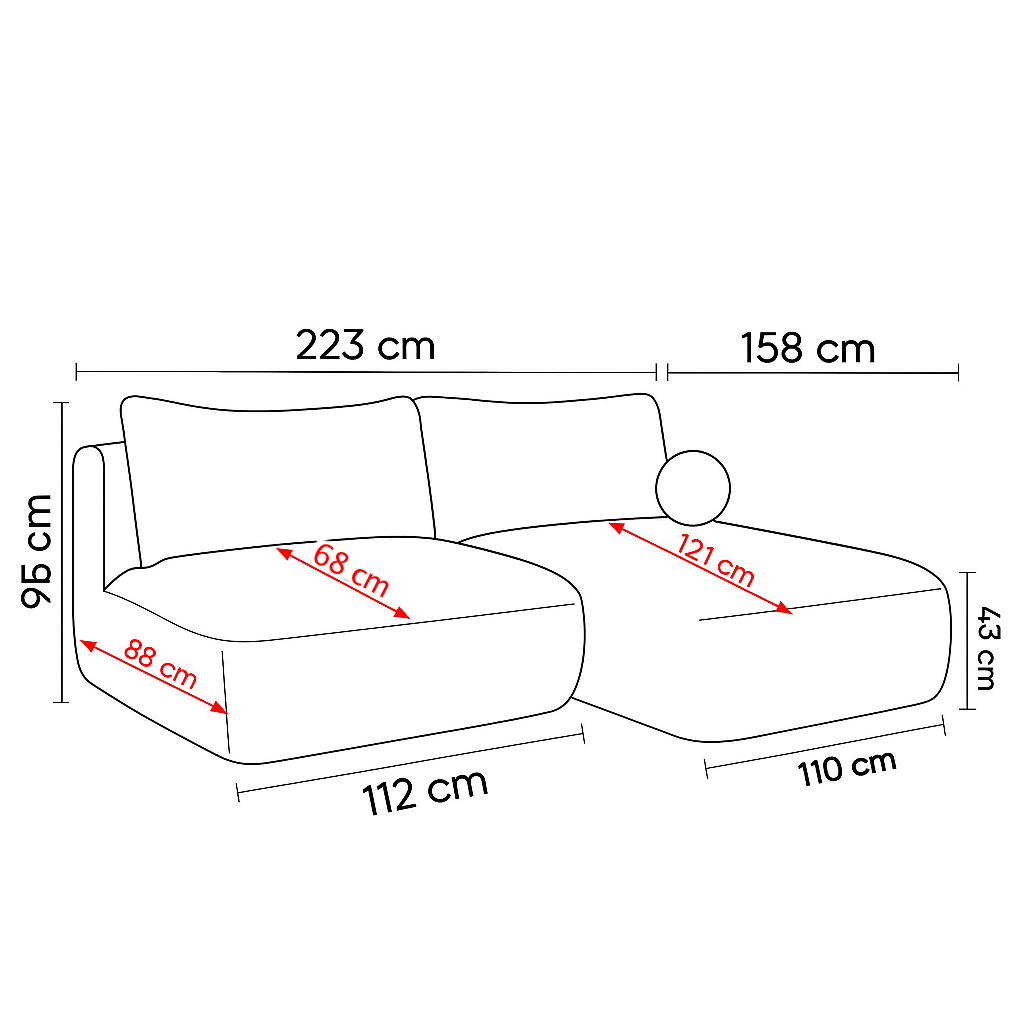 Schemat wymiarów narożnika Frappe Mini z funkcją spania – szerokość 223 cm, głębokość 158 cm, wysokość 95 cm, powierzchnia spania 120 × 220 cm