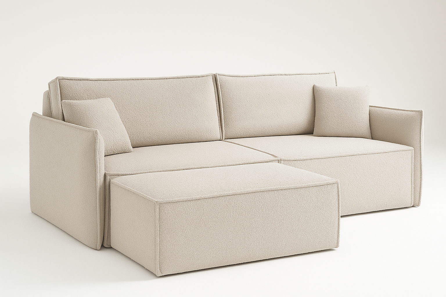 Kanapa z pufą jak narożnik sofa z pufa AMBER baranek boucle bukla rozkładana cienkie boki