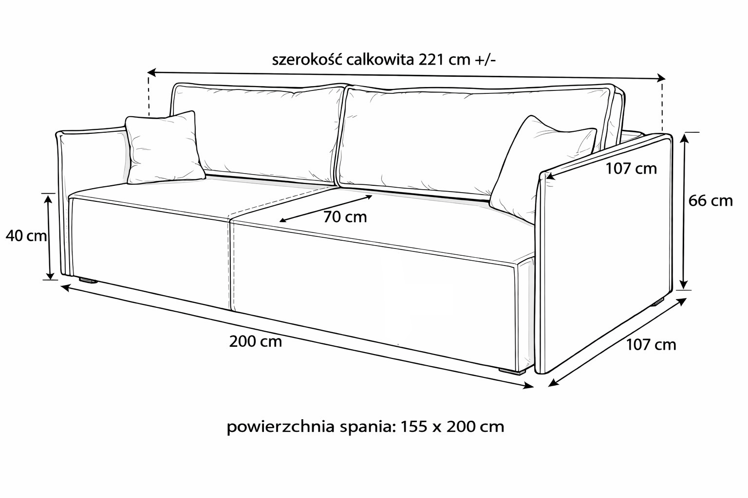 wymiary kanapy amber – sofa 221 cm z funkcją spania