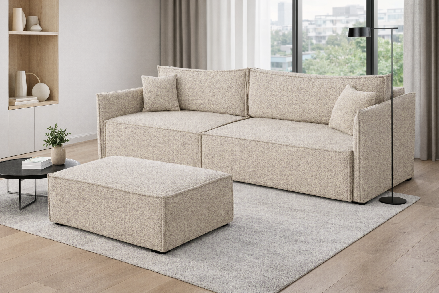 kanapa amber boucle z pufą – sofa z funkcją spania
