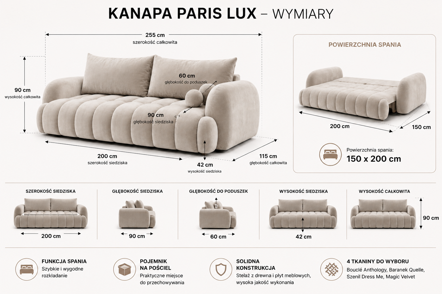 Kanapa Paris Lux z funkcją spania i pojemnikiem na pościel – grafika wymiarowa przedstawiająca wymiary sofy 255 × 115 × 90 cm oraz powierzchnię spania 150 × 200 cm. Sofa w tkaninie Magic Velvet w jasnym beżowym kolorze.