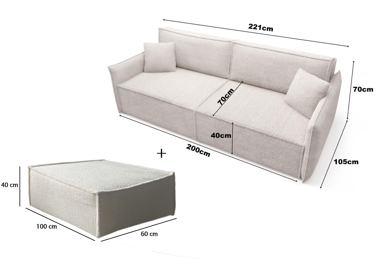 Kanapa z pufą jak narożnik sofa z pufa AMBER baranek boucle bukla rozkładana cienkie boki