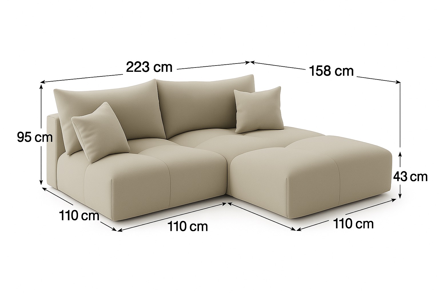 Nowoczesny narożnik z funkcją spania bubble luno wymiary